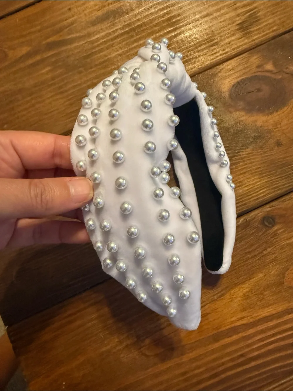 Brianna Cannon White Fleece Pearl Studded Wide Knotted Headband